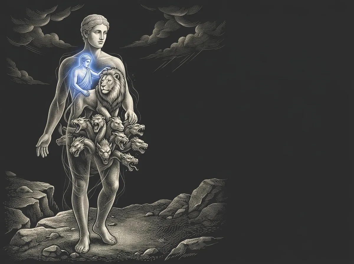 Dentro de uma forma humana: um homem pequeno, um leão e um monstro de muitas cabeças